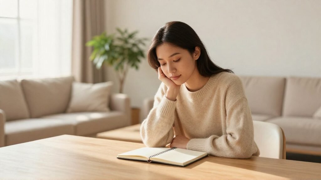 Persona con suéter beige sentada en un salón iluminado mirando un cuaderno con serenidad.