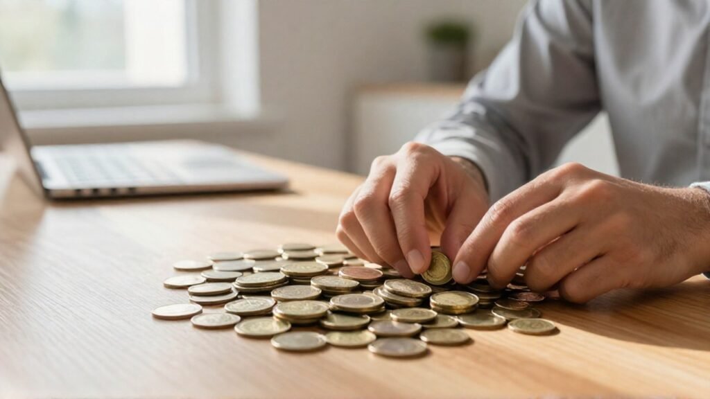 Manos organizando monedas mezcladas sobre un escritorio para representar la gestión financiera.