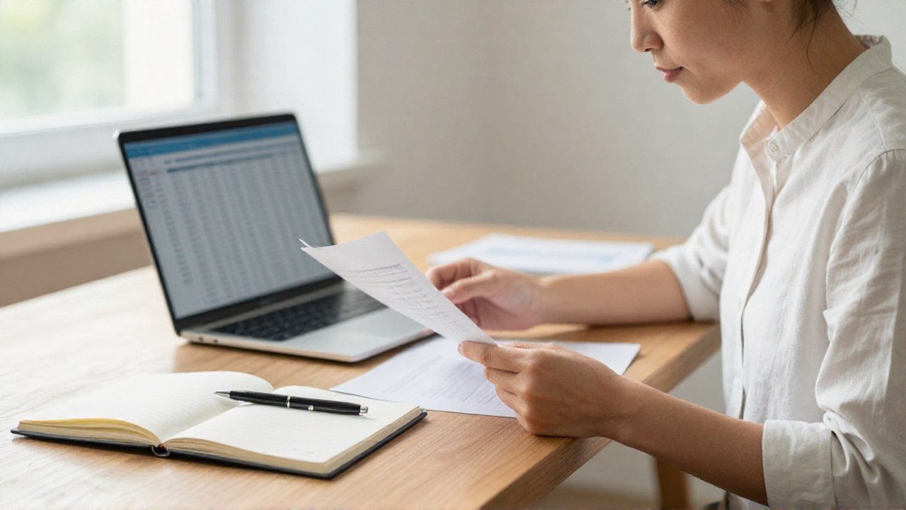 Persona revisando documentos y una laptop en un escritorio para planificar finanzas.