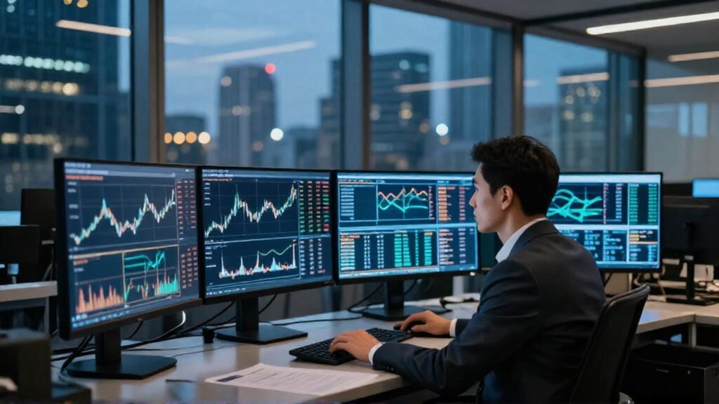 Analista financiero monitorea pantallas de datos en una oficina con vistas a la ciudad.
