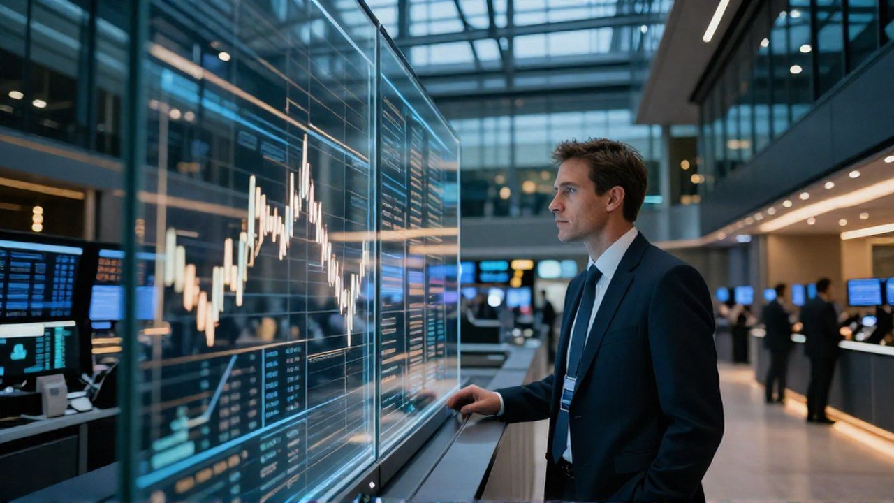 Analista financiero observa flujos de datos en una pantalla transparente en un centro de operaciones moderno.