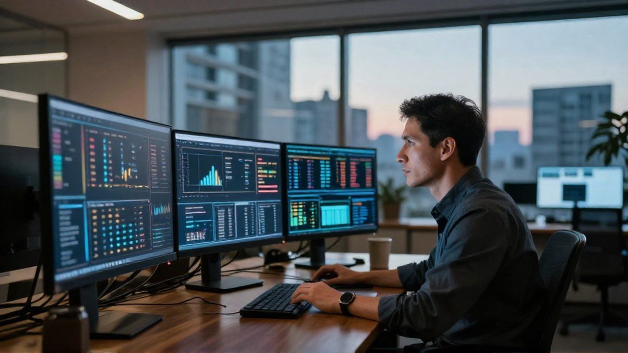 Analista financiero monitorea múltiples pantallas con datos en una oficina con vistas a la ciudad.