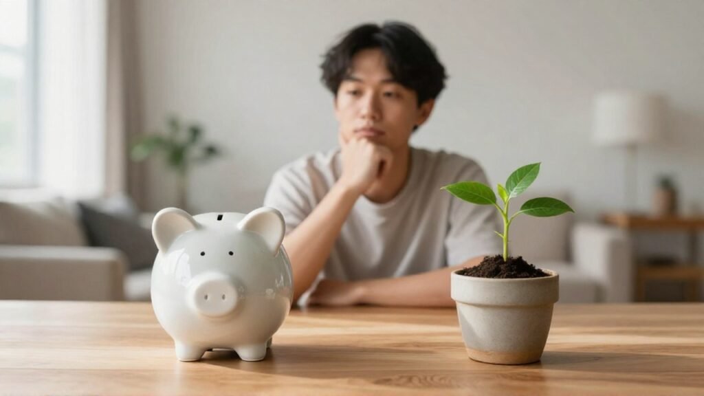 Persona sentada entre un cerdito de ahorros y una planta pequeña en una mesa.