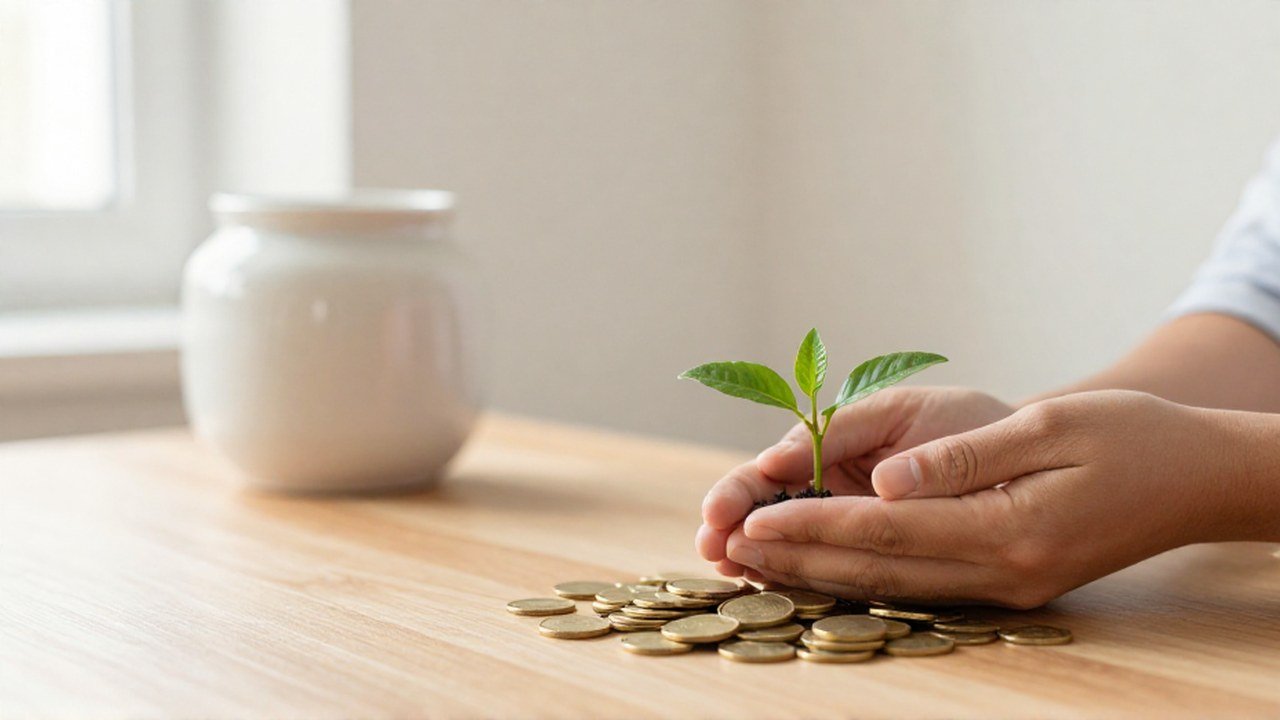 Manos cuidando un brote verde sobre una pila de monedas de oro.