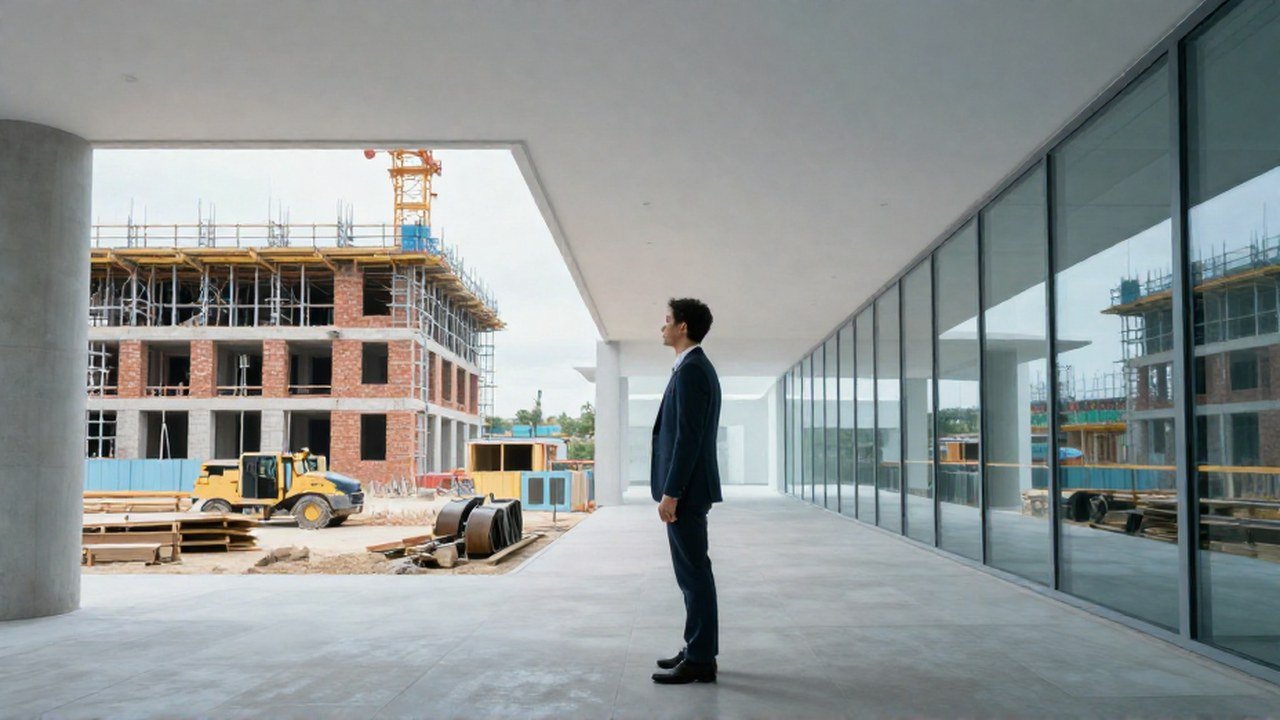 Inversor profesional contempla una obra de construcción y un corredor financiero moderno.