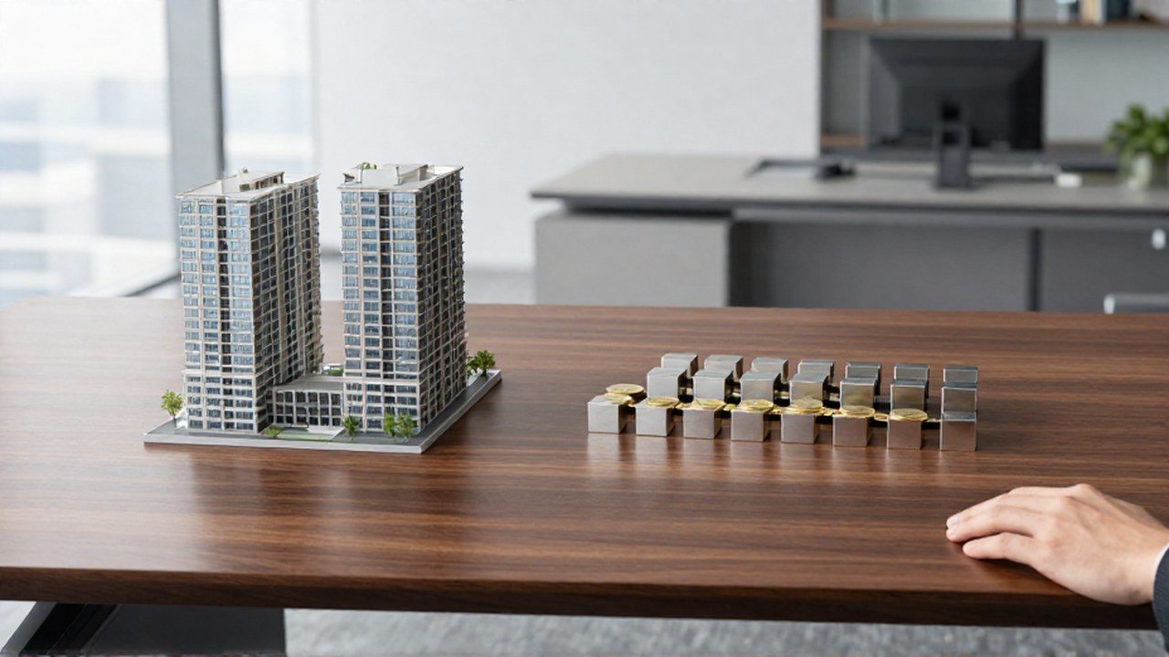 Modelo arquitectónico y piezas metálicas sobre una mesa de oficina que representan inversiones diversificadas.