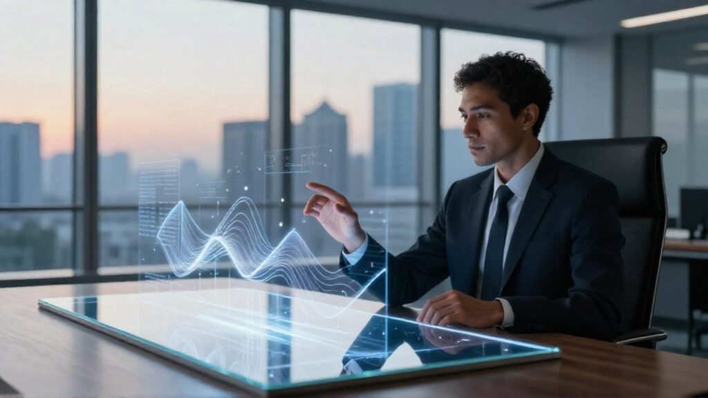 Inversor analizando dinámicas de mercado en una superficie interactiva con flujos de datos.