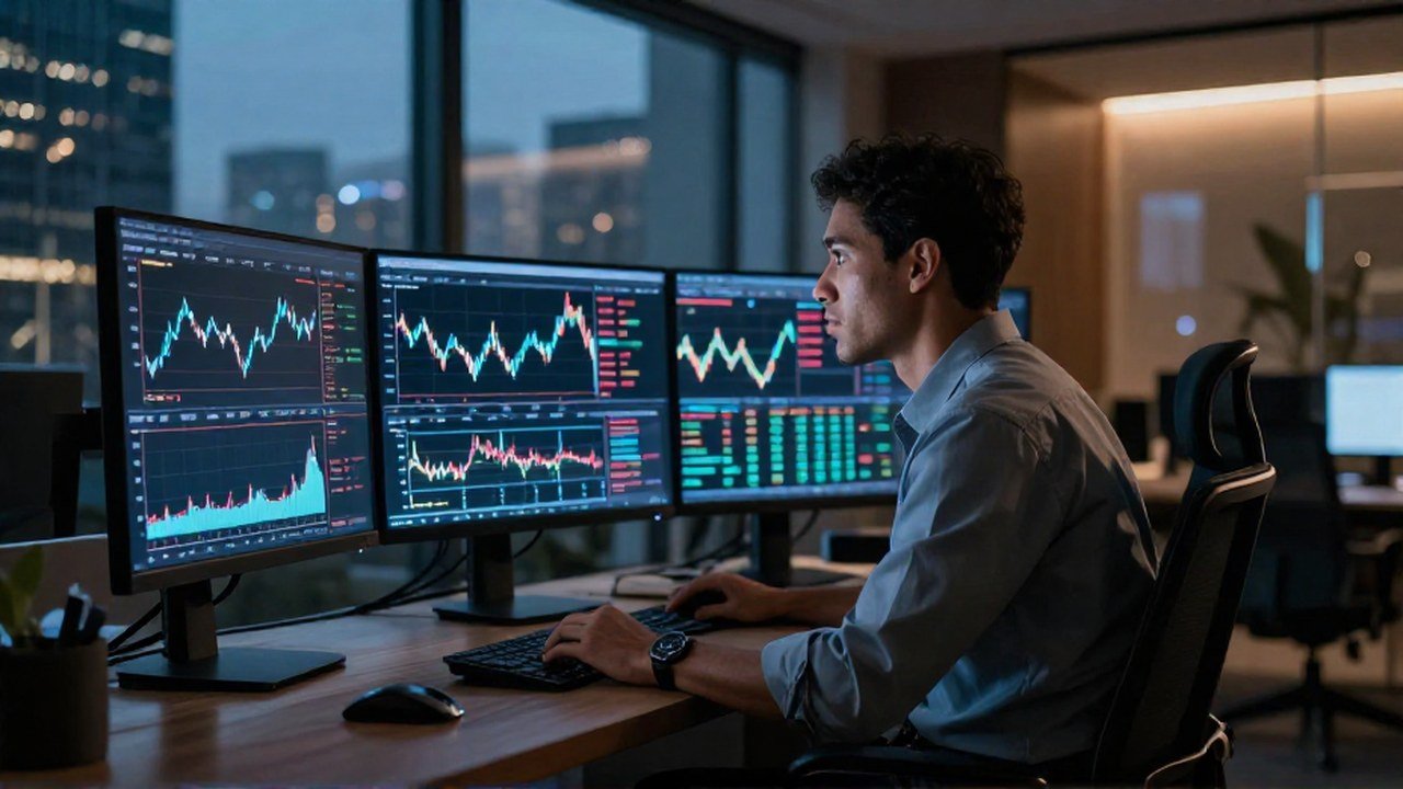 Analista financiero concentrado en múltiples monitores con gráficos de datos en una oficina moderna.