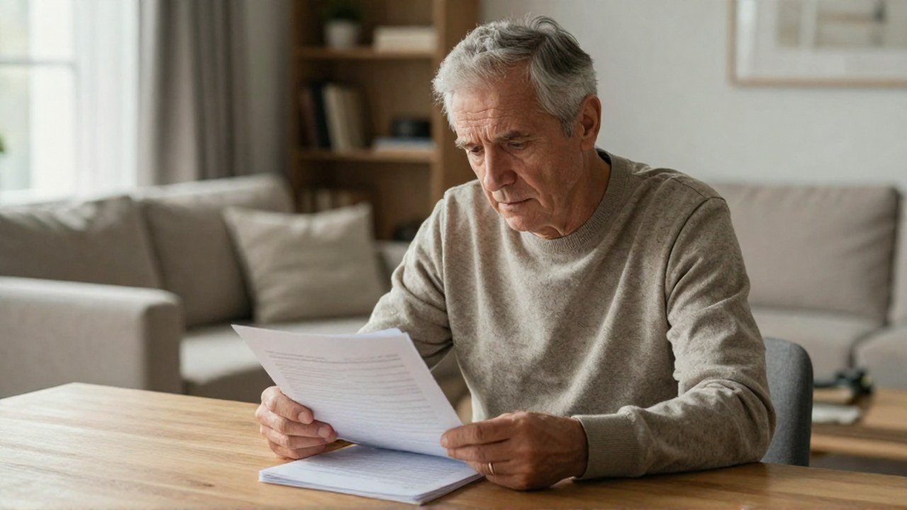 Un hombre de unos 60 años mira con preocupación documentos financieros en un escritorio.