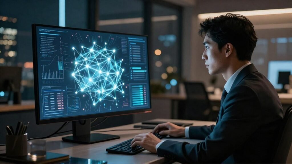 Analista financiero revisa una red de datos digitales en un monitor en una oficina.