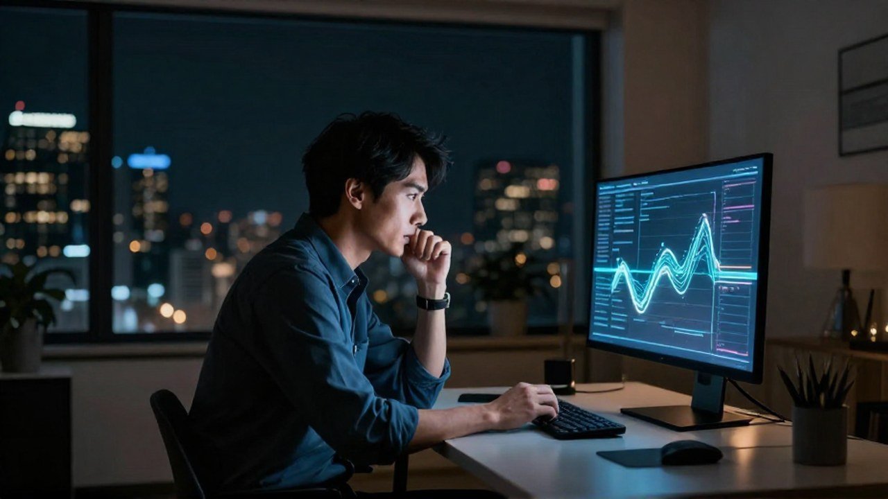 Un hombre trabaja concentrado frente a un monitor con datos abstractos en una oficina nocturna.