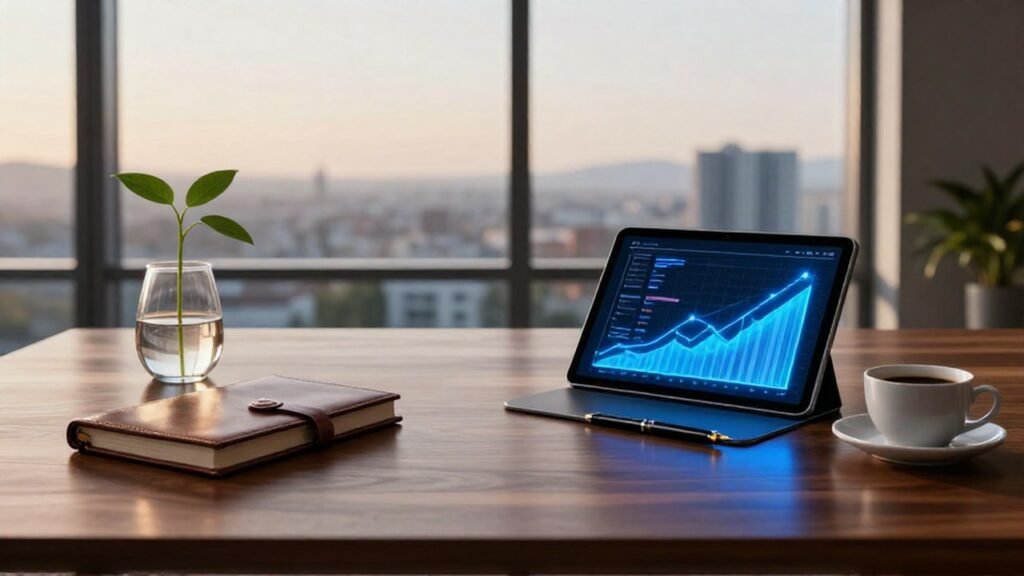 Escritorio dividido con un brote y una tablet para contrastar inversiones pasivas y activas.