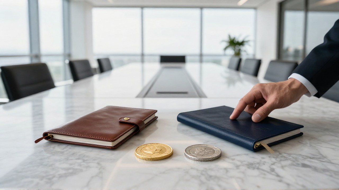 Mano cerca de un medallón de oro y moneda de plata sobre carpetas financieras.