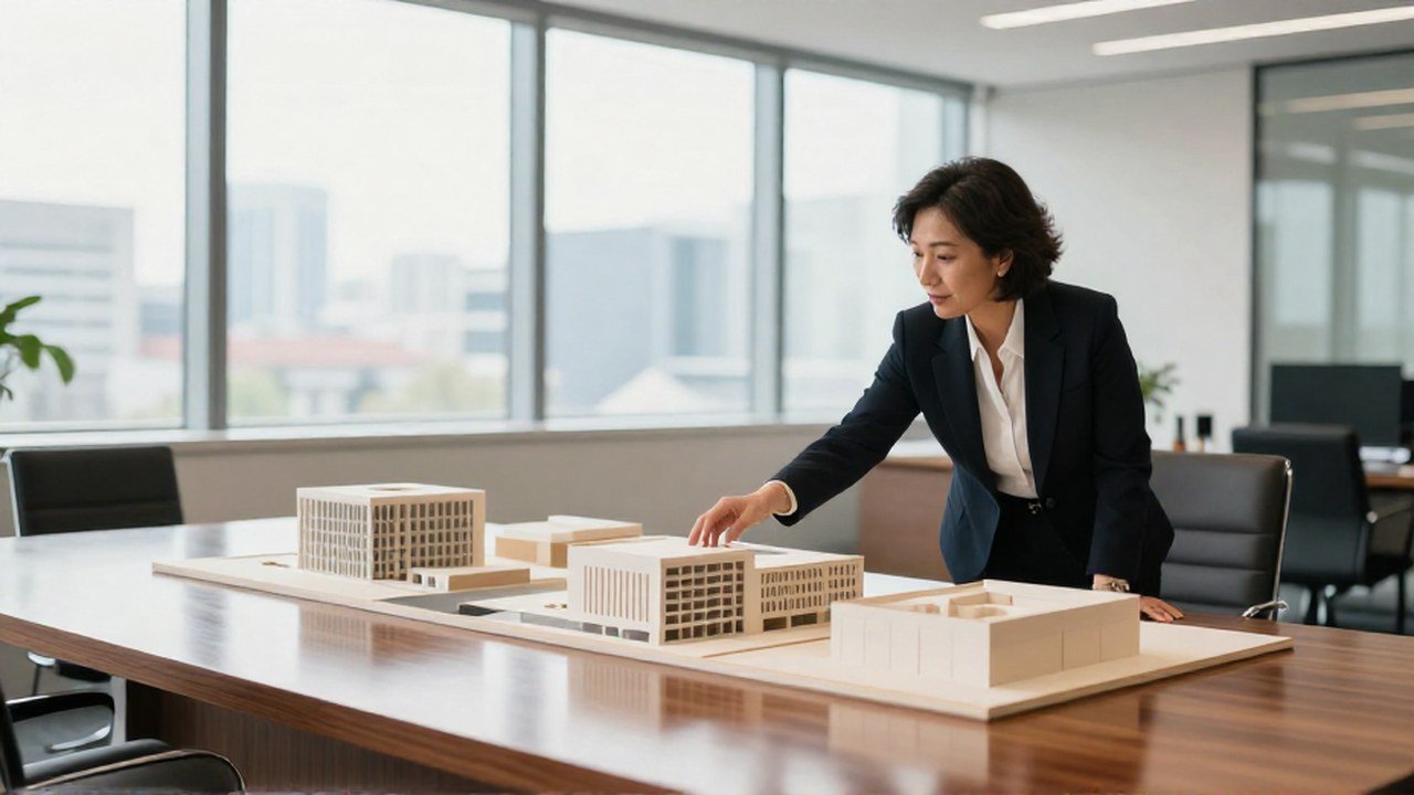 Asesora financiera analiza modelos arquitectónicos sobre una mesa en una oficina moderna.