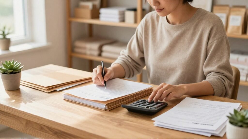 Propietario de negocio revisa carpetas y usa una calculadora en el escritorio de su boutique.