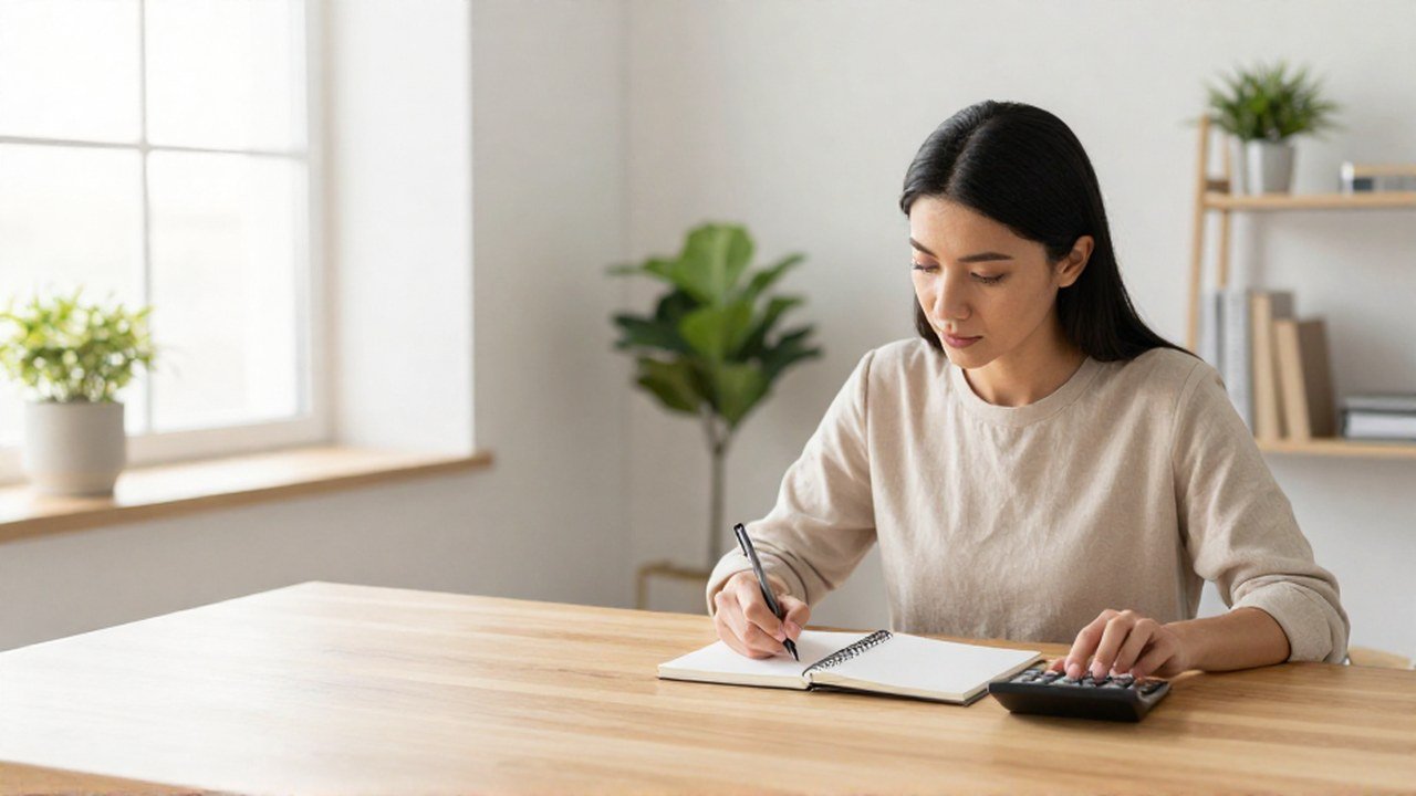 Mujer emprendedora concentrada revisa un cuaderno y usa una calculadora en un estudio minimalista.