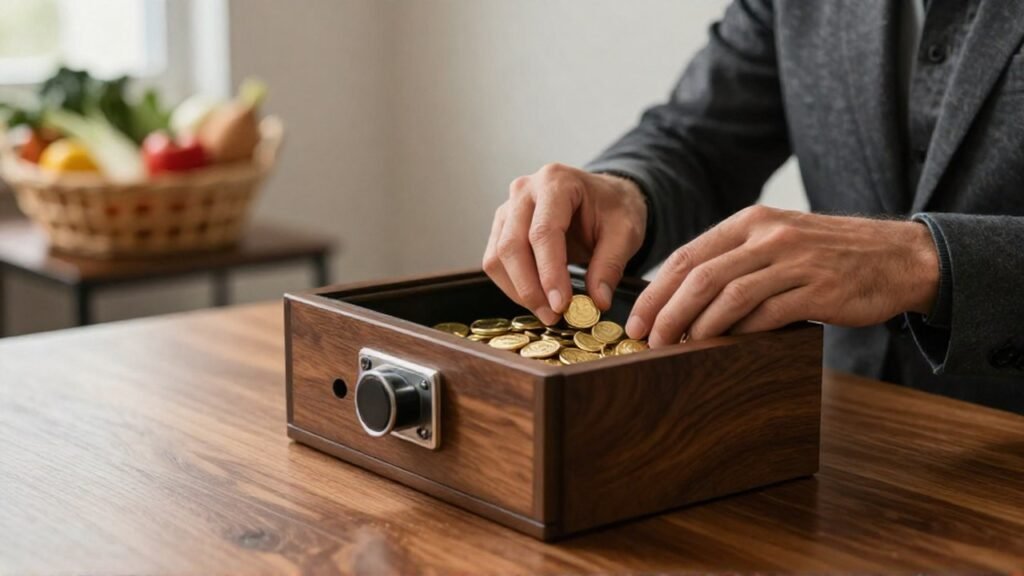 Manos guardan monedas de oro en una caja fuerte con una cesta de comida.