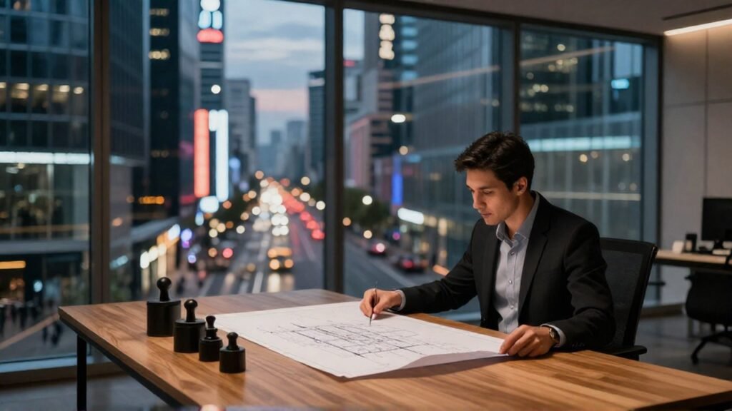 Persona examina planos y pesas en un escritorio con un distrito financiero desenfocado al fondo.