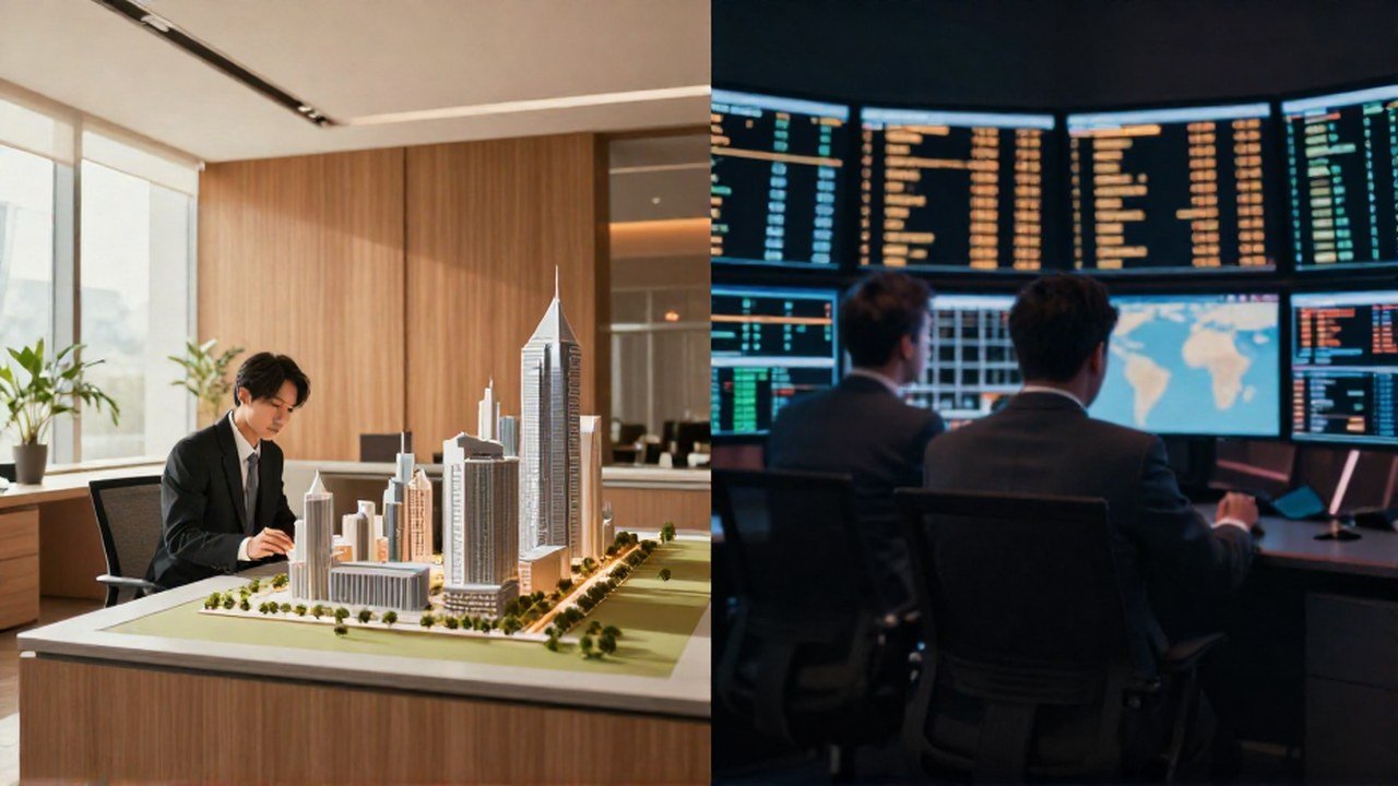 Inversor analizando una maqueta de ciudad frente a un operador en una sala de trading digital.
