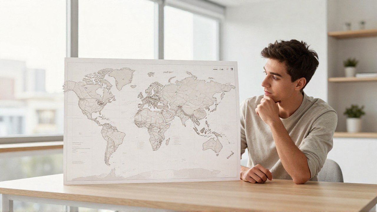 Un hombre joven sentado en un escritorio observa un mapa del mundo con rutas comerciales.