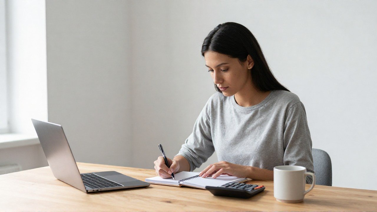 Mujer joven revisa un cuaderno y una calculadora en un escritorio para organizar finanzas.