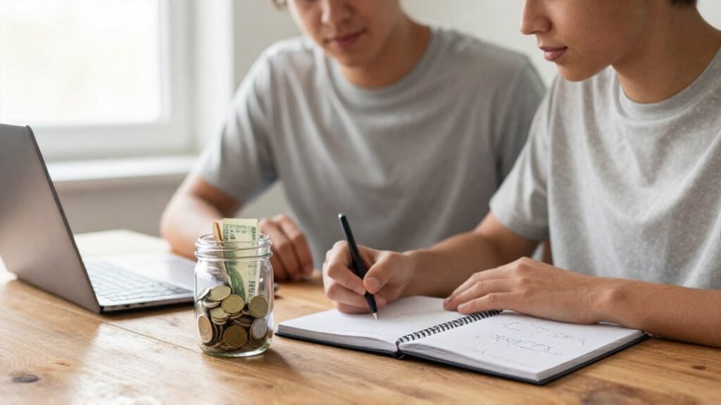Padre y adolescente colaboran en la planificación de sus finanzas personales junto a un frasco de ahorros.
