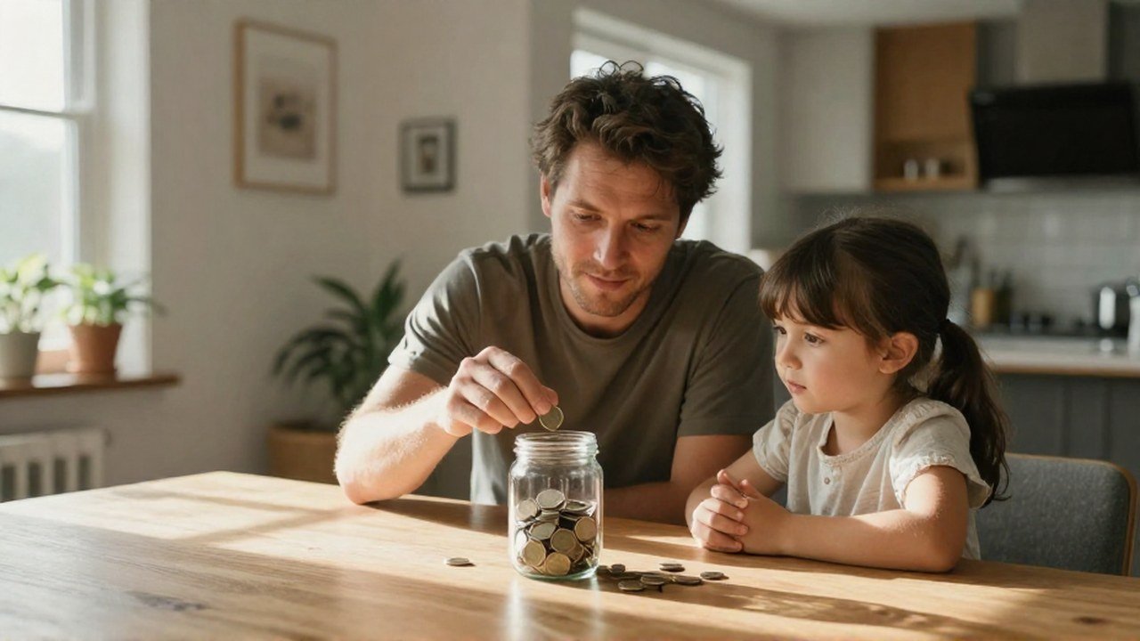 Padre y su hija pequeña ahorran monedas en un frasco sobre una mesa de comedor.