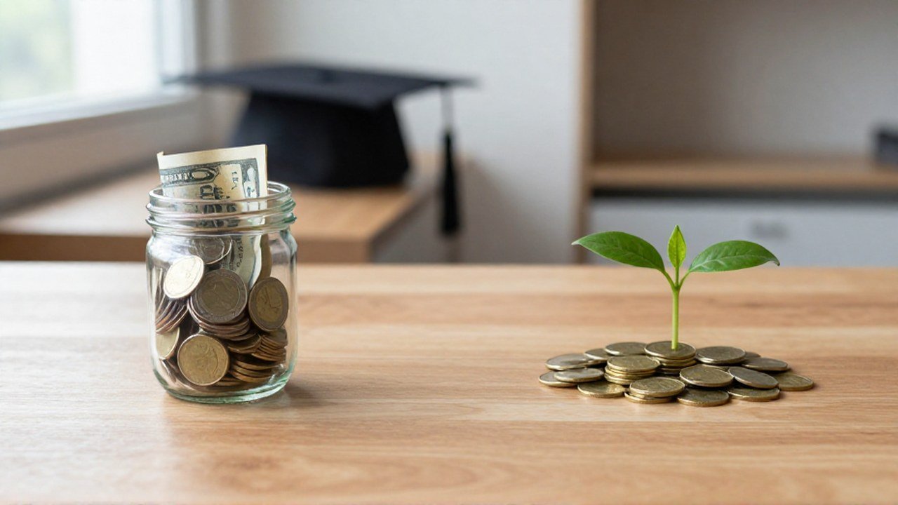 Escritorio con un frasco de ahorros, una planta creciendo sobre monedas y un birrete de graduación.