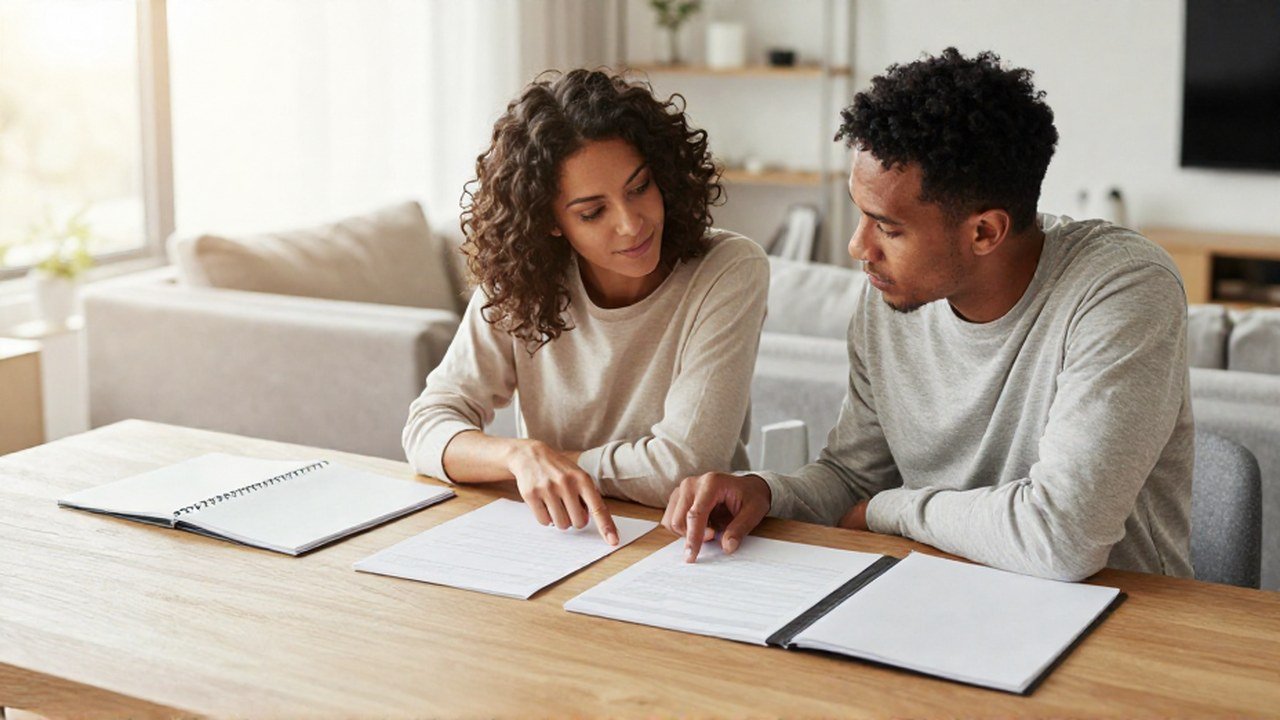 Pareja colaborando en la planificación de un presupuesto financiero sobre una mesa en una sala luminosa.