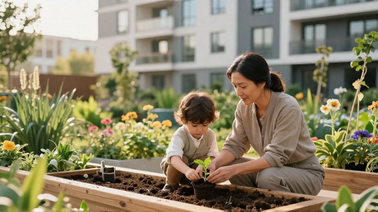 Una mujer y un niño plantan un brote en un jardín comunitario de un entorno urbano.