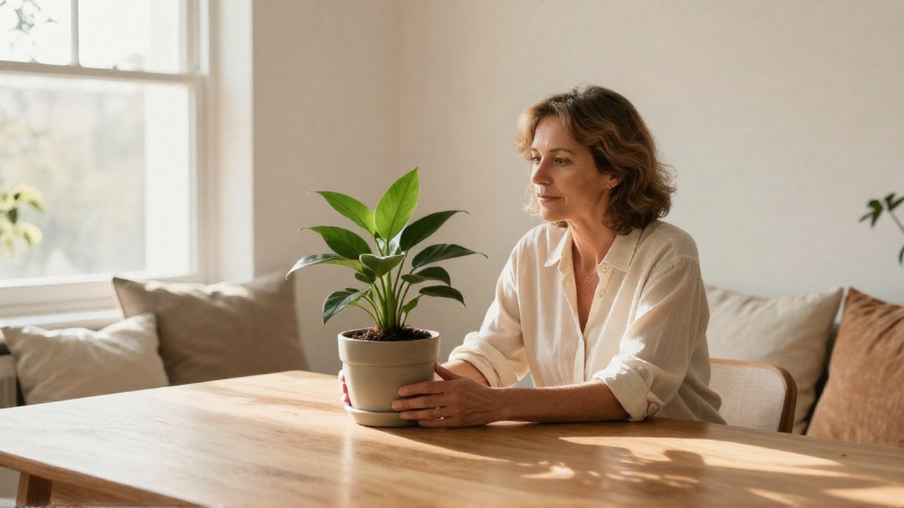 Mujer de mediana edad observa una planta en un apartamento iluminado por el sol.