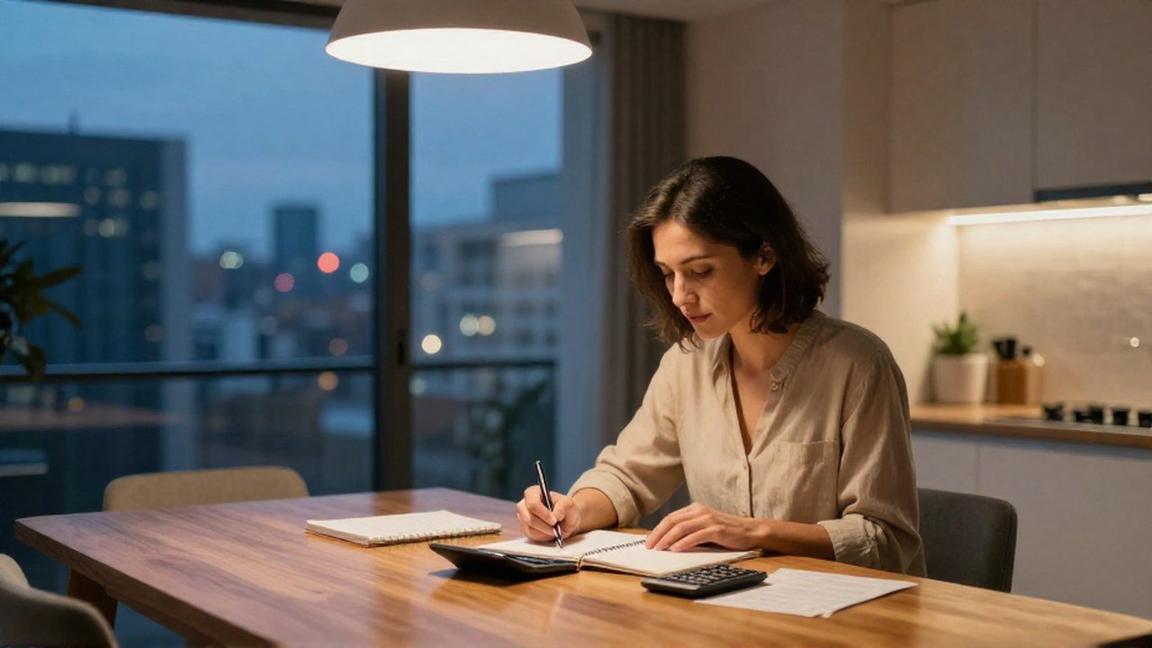 Mujer organiza sus finanzas domésticas en una cocina con vista a la ciudad de noche.