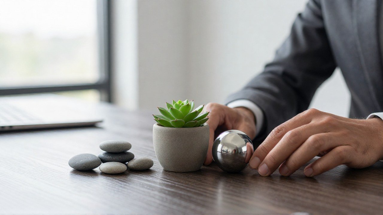 Manos organizando una suculenta, piedras y una esfera sobre un escritorio para representar una inversión equilibrada.