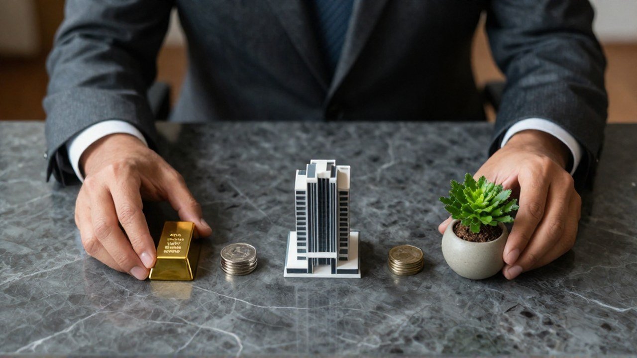 Manos organizan un lingote de oro, una moneda, un edificio y una planta representando inversiones.