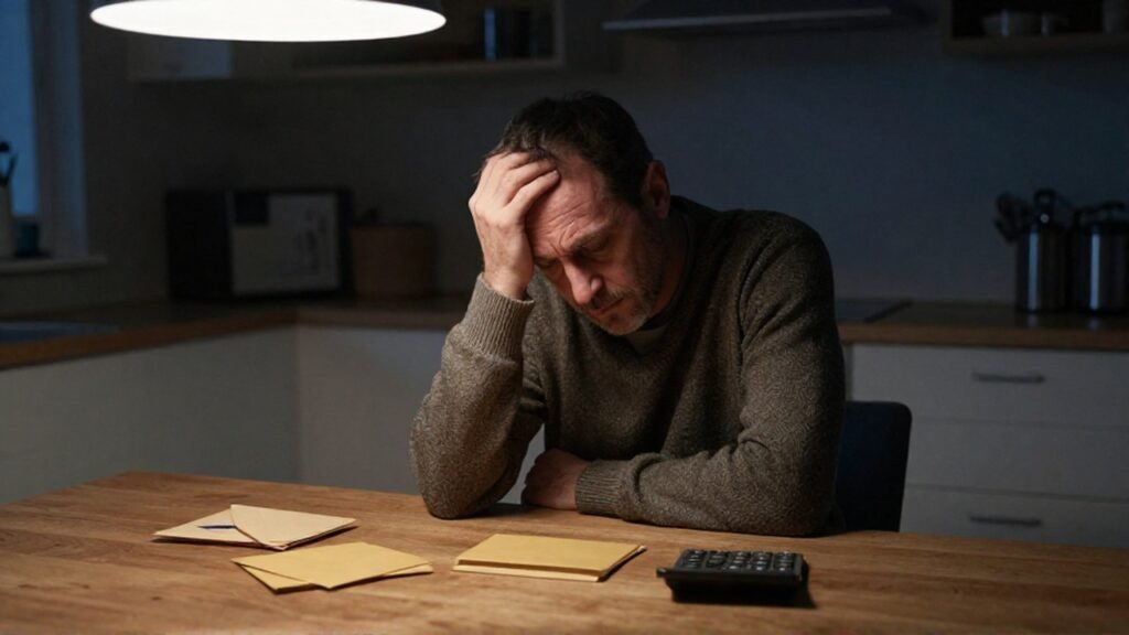 Hombre de mediana edad sentado a una mesa con expresión de preocupación ante sobres y una calculadora.