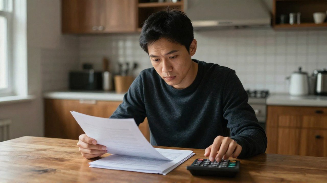 Persona concentrada analizando documentos y una calculadora en una mesa de comedor para planificación financiera.