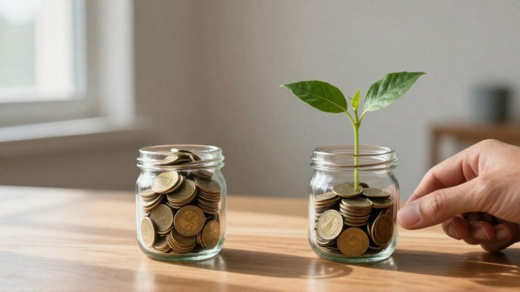Una mano se sitúa entre dos frascos que comparan el ahorro de monedas con la inversión de una planta.