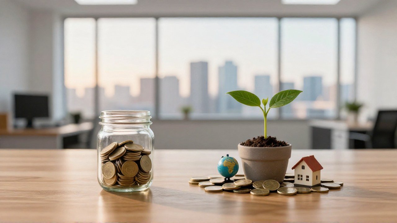 Frasco con monedas y planta creciendo junto a una casa y un globo.