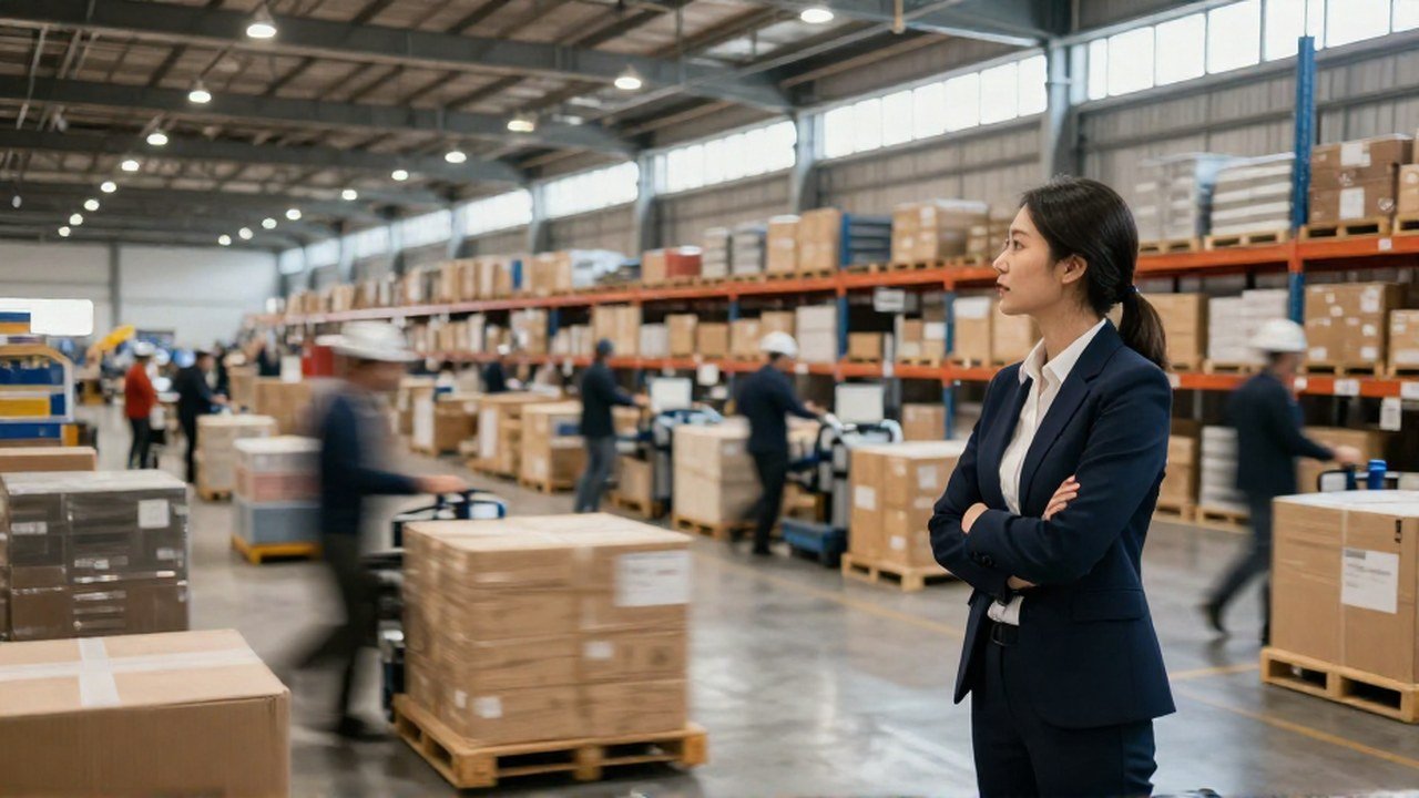 Un empresario observa la actividad logística en un moderno centro de distribución industrial.