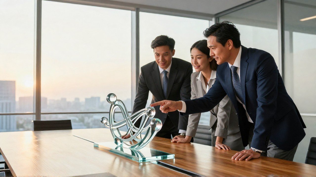 Tres ejecutivos analizan una escultura de cristal que representa el flujo de capital.