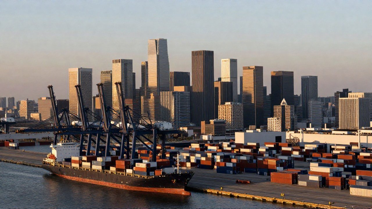 Puerto industrial con barcos de carga y grúas frente a un horizonte de rascacielos modernos.