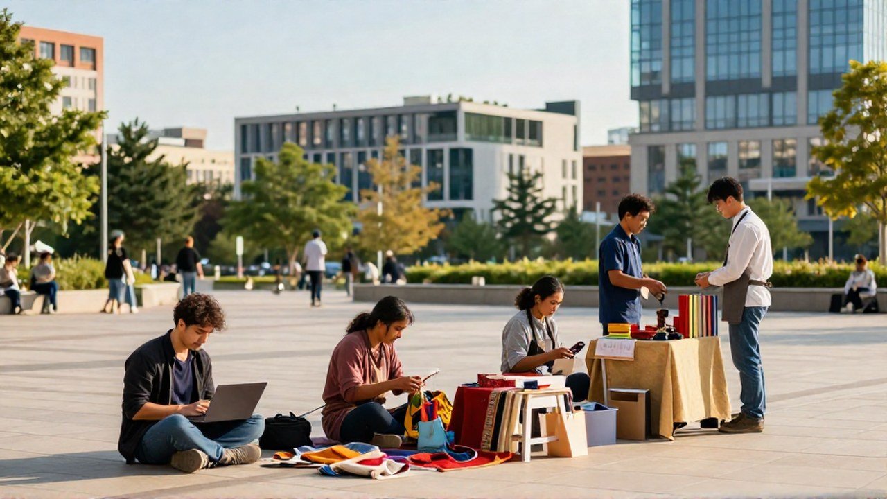 Diversas personas trabajan y comercian en una plaza pública moderna con edificios al fondo.