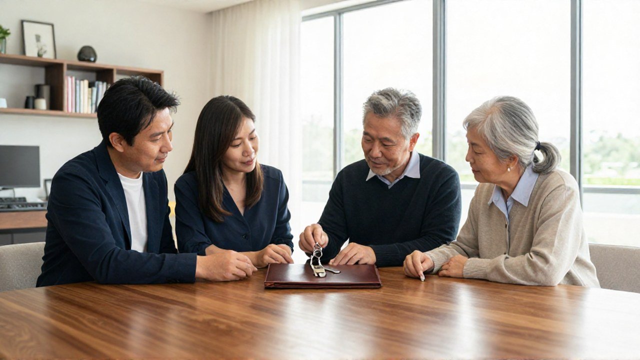 Familia multigeneracional observa un portafolio de cuero y llaves de casa en un despacho.