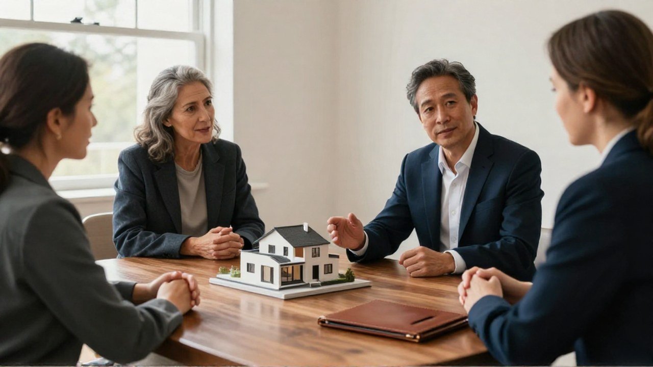 Asesor muestra un modelo arquitectónico a una pareja durante una consulta de planificación patrimonial.