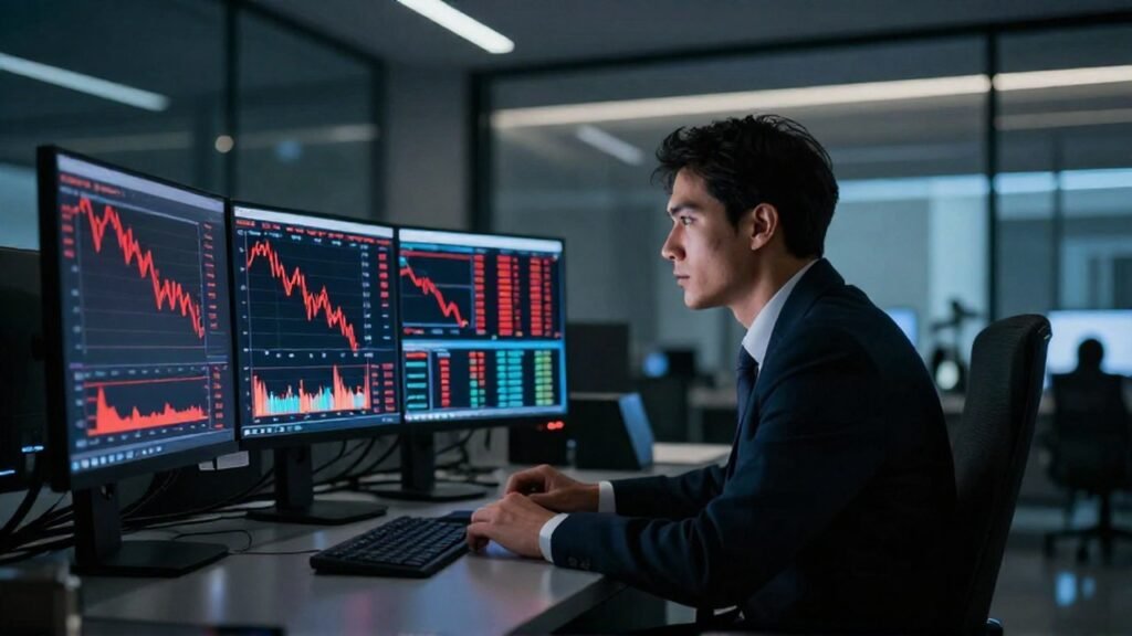 Analista financiero observa con seriedad gráficos de mercado en caída en una oficina de trading moderna.