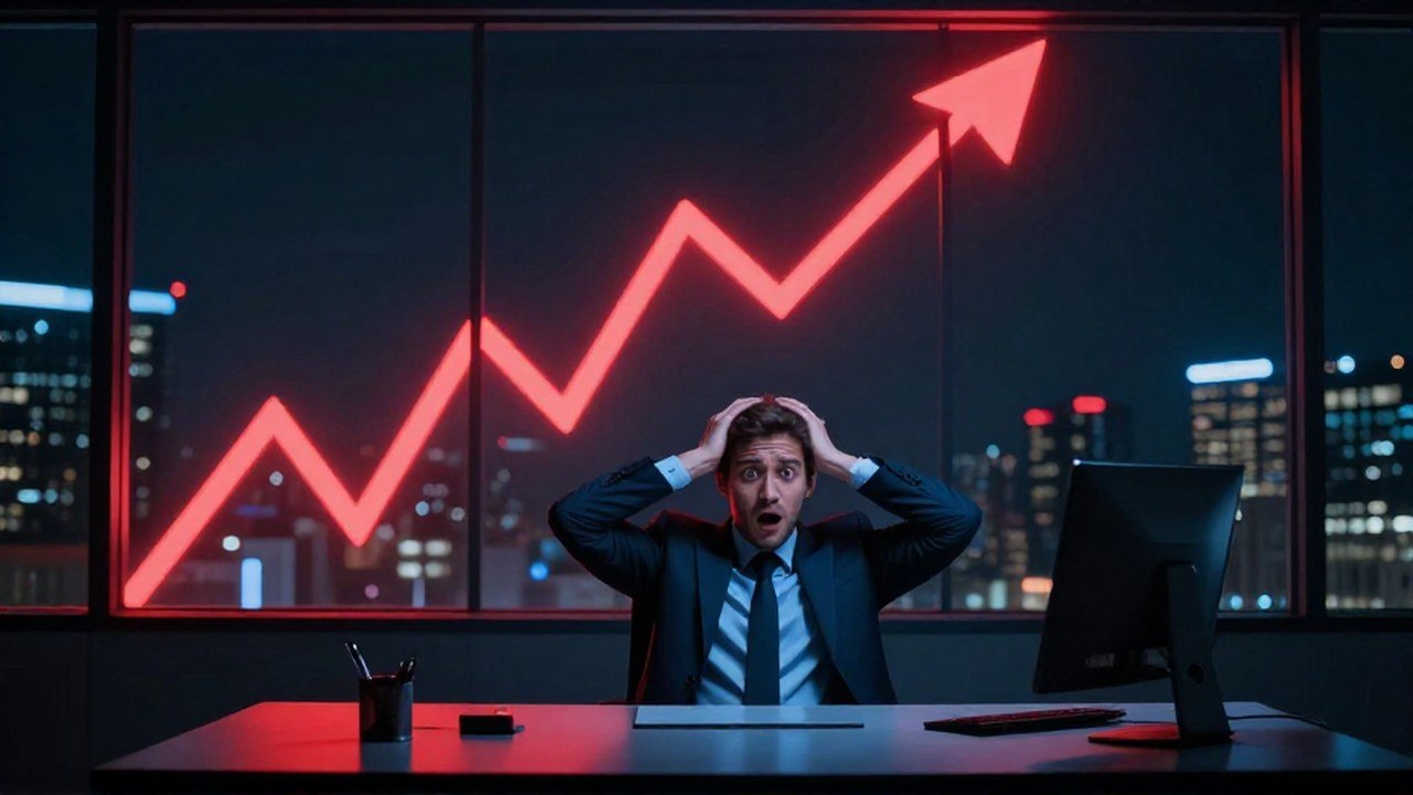 Operador financiero reacciona con impacto ante una gráfica de mercado en una oficina nocturna.