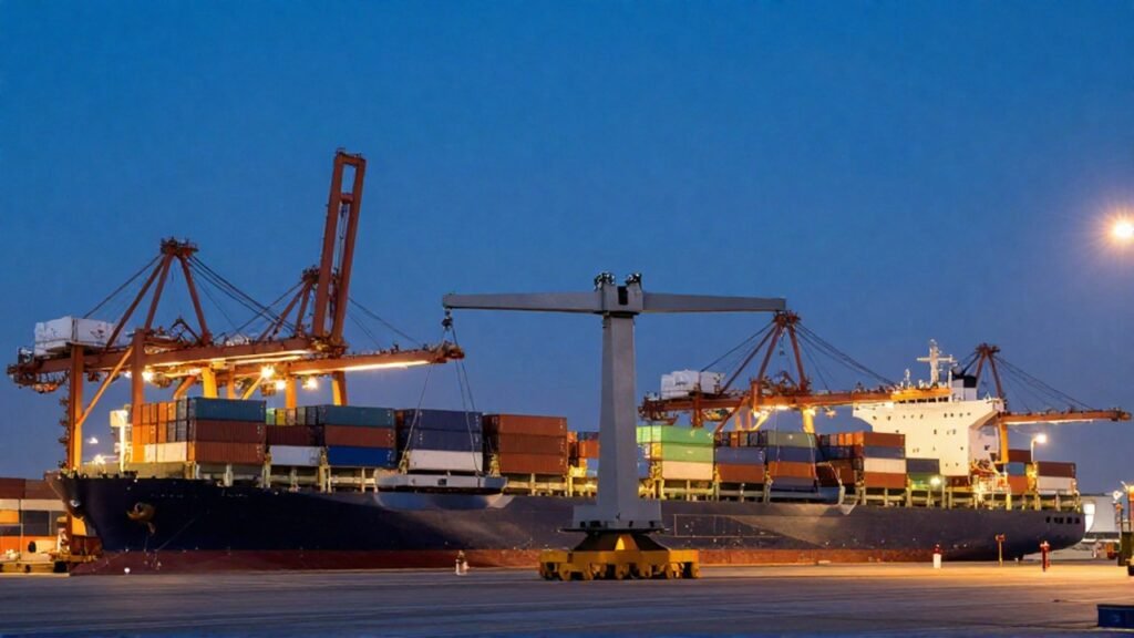 Balanza industrial gigante en un puerto marítimo que equilibra barcos de carga de exportaciones e importaciones.