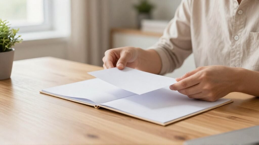 Persona organizando papeles en una carpeta sobre un escritorio de madera.