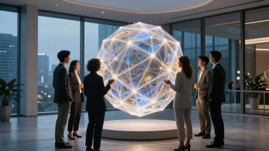 Profesionales diversos colaboran ante una estructura geométrica de luz que simboliza una red descentralizada.