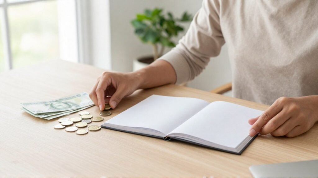 Persona organizando monedas y billetes junto a un cuaderno en un escritorio de oficina.